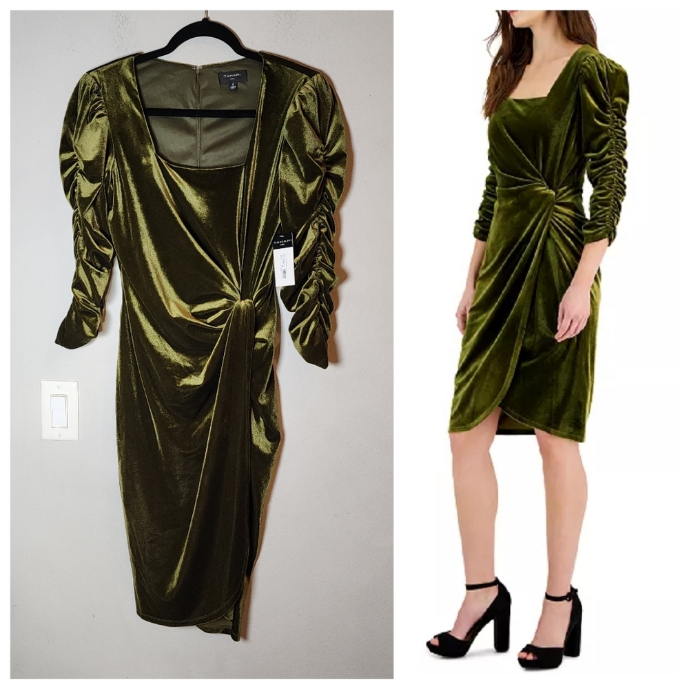 NWT Tahari Green Stretch Velvet Square-Neck Ruched-Sleeve Side Knot Dress Size 4